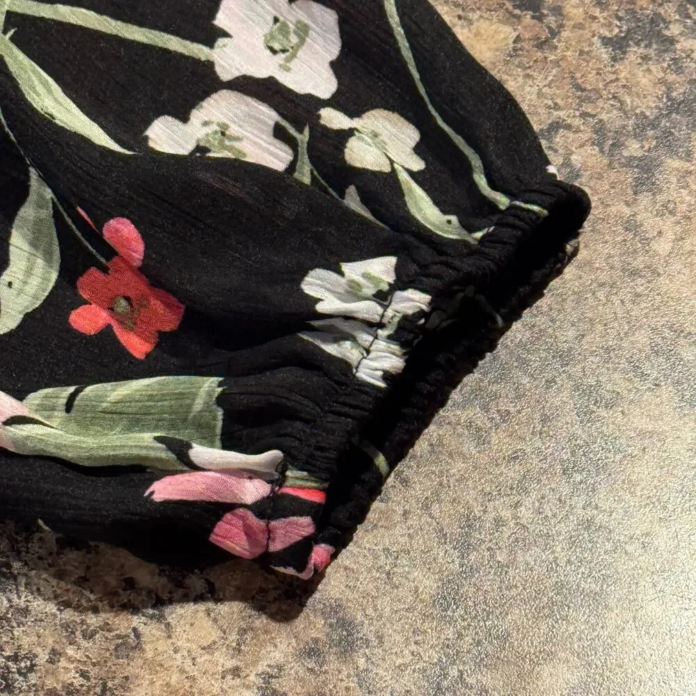 Draper James Sheer Floral Button Top Peasant Boho Cottagecore Romantic Black XL